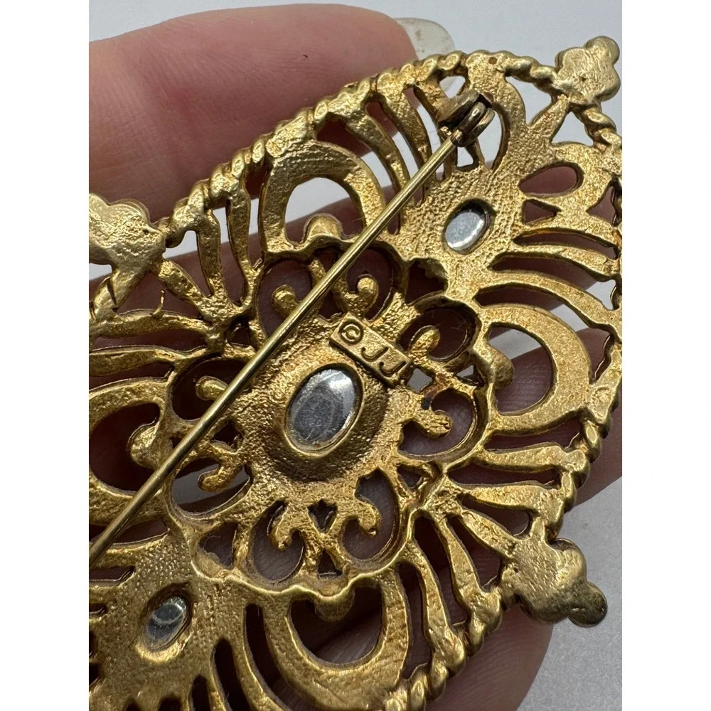 Vintage JJ Jonette Jewelry Gold Tone Filigree Blue Green Cabochon Brooch Pin